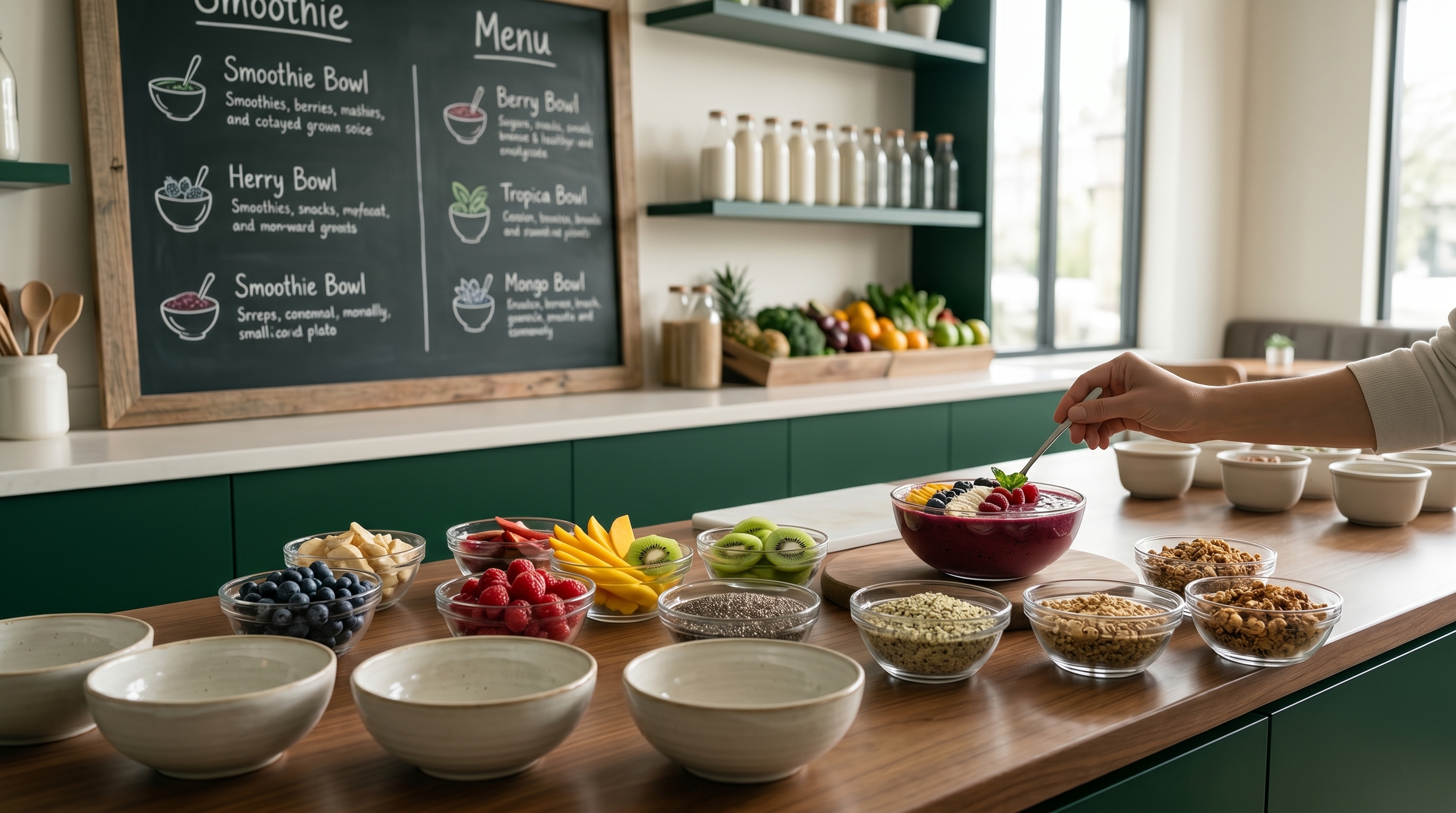 Editorial wide-angle photograph of a smoothie-bowl counter staged with bright fruit garnish bowls and a chalkboard menu in restrained natural light, with no people, no logos, and no text on the menu.
